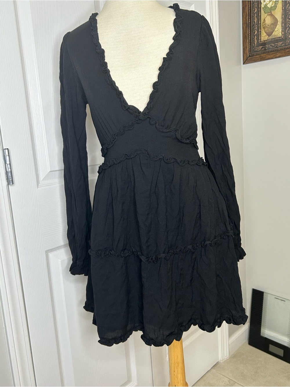 Altar’d State Black Long Sleeve Ruffle Dress Size M Back Zipper